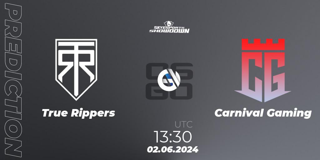 True Rippers contre Carnival Gaming : prédiction de match. 02.06.2024 at 13:30. Counter-Strike (CS2), Skyesports Showdown 2024