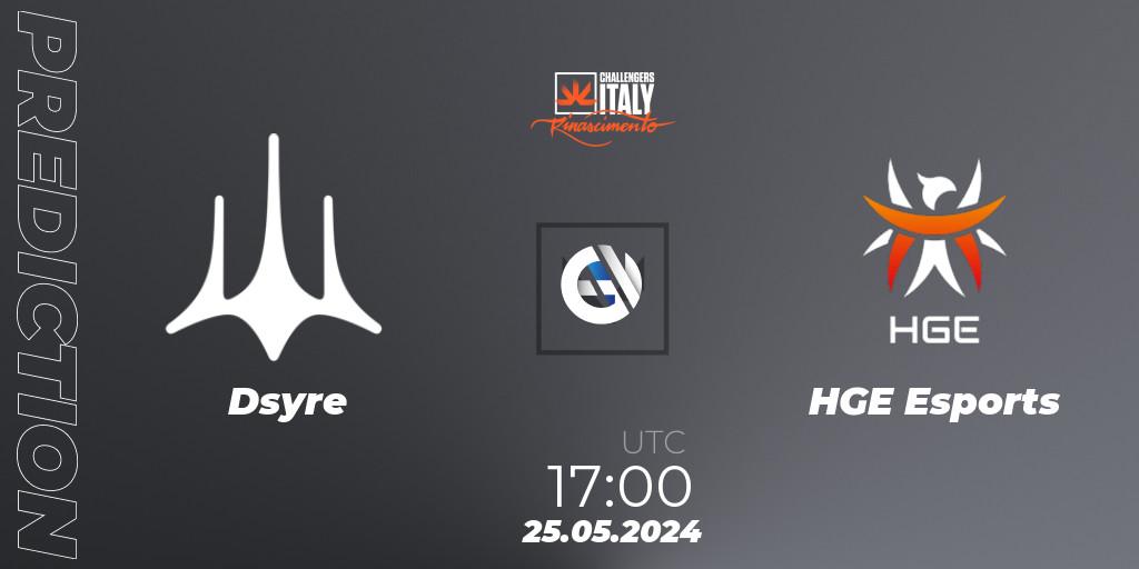 Dsyre contre HGE Esports : prédiction de match. 25.05.2024 at 17:00. VALORANT, VALORANT Challengers 2024 Italy: Rinascimento Split 2