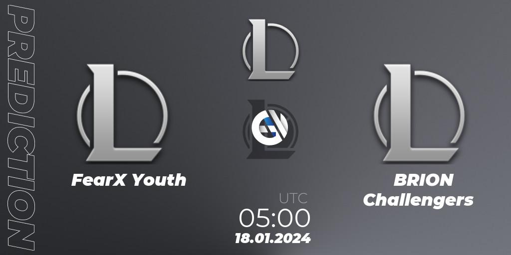 FearX Youth contre BRION Challengers : prédiction de match. 18.01.2024 at 05:00. LoL, LCK Challengers League 2024 Spring - Group Stage