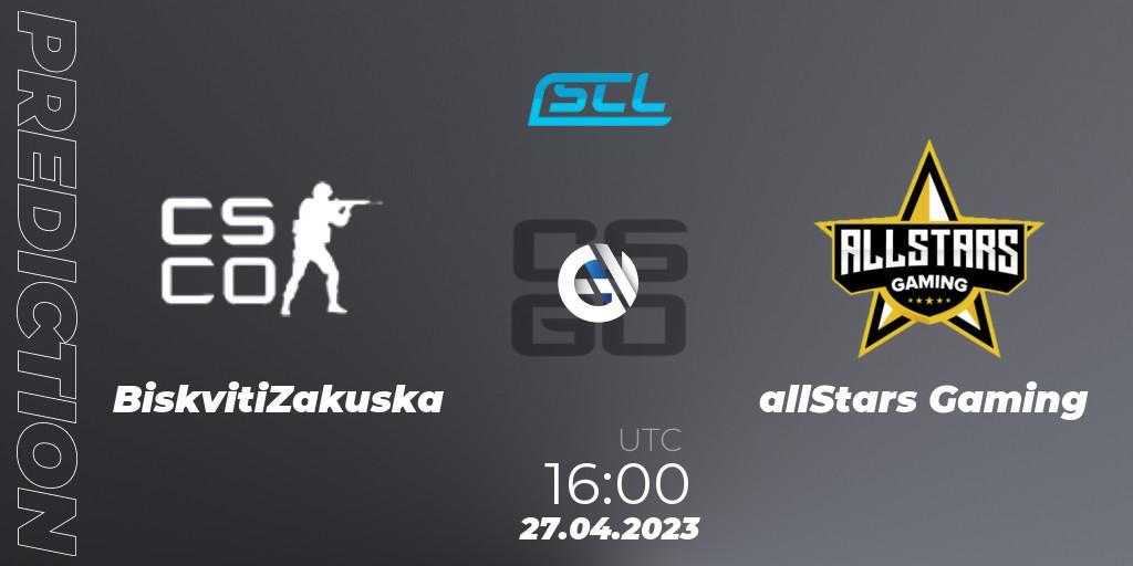 BiskvitiZakuska contre allStars Gaming : prédiction de match. 27.04.2023 at 18:00. Counter-Strike (CS2), SCL Season 9: Challenger Division