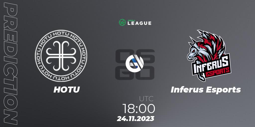 HOTU contre Inferus Esports : prédiction de match. 24.11.2023 at 18:00. Counter-Strike (CS2), ESEA Season 47: Advanced Division - Europe
