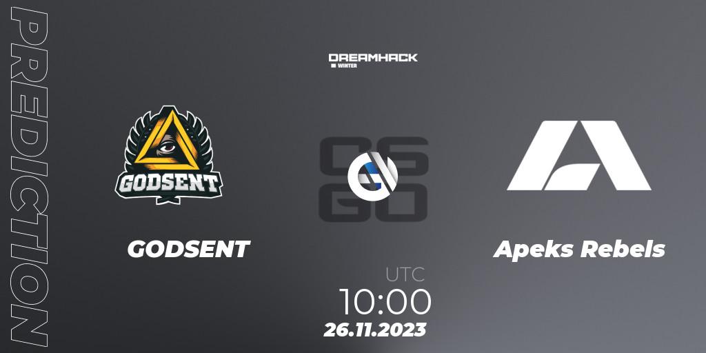 GODSENT contre Apeks Rebels : prédiction de match. 26.11.2023 at 10:55. Counter-Strike (CS2), DreamHack Winter 2023 BYOC