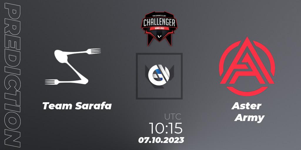 Team Sarafa contre Aster Army : prédiction de match. 07.10.2023 at 10:45. VALORANT, TEC Challenger Series 10