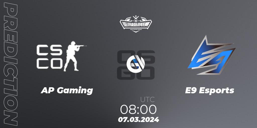 AP Gaming contre E9 Esports : prédiction de match. 07.03.2024 at 08:30. Counter-Strike (CS2), Asian Super League Season 2