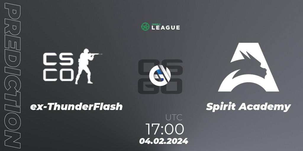 ex-ThunderFlash contre Spirit Academy : prédiction de match. 04.02.2024 at 17:00. Counter-Strike (CS2), ESEA Season 48: Advanced Division - Europe