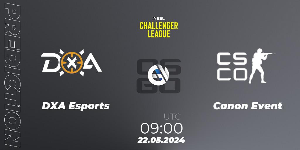 DXA Esports contre Canon Event : prédiction de match. 22.05.2024 at 09:00. Counter-Strike (CS2), ESL Challenger League Season 47: Oceania
