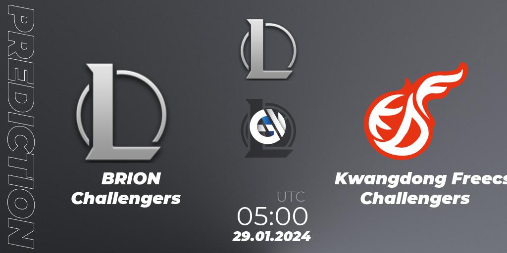BRION Challengers contre Kwangdong Freecs Challengers : prédiction de match. 29.01.2024 at 05:00. LoL, LCK Challengers League 2024 Spring - Group Stage