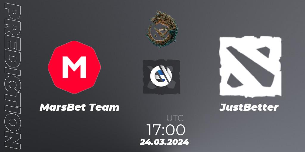 MarsBet Team contre JustBetter : prédiction de match. 24.03.2024 at 17:00. Dota 2, PGL Wallachia Season 1: Western Europe Open Qualifier #2