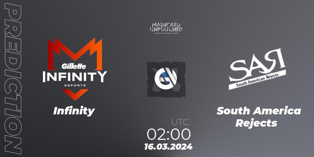Infinity contre South America Rejects : prédiction de match. 14.03.2024 at 22:00. Dota 2, Maincard Unmatched - March