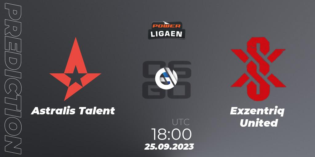 Astralis Talent contre Exzentriq United : prédiction de match. 25.09.2023 at 18:00. Counter-Strike (CS2), POWER Ligaen Season 24 Finals