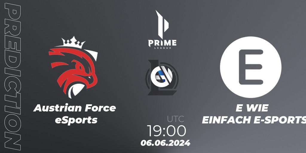 Austrian Force eSports contre E WIE EINFACH E-SPORTS : prédiction de match. 06.06.2024 at 19:00. LoL, Prime League Summer 2024