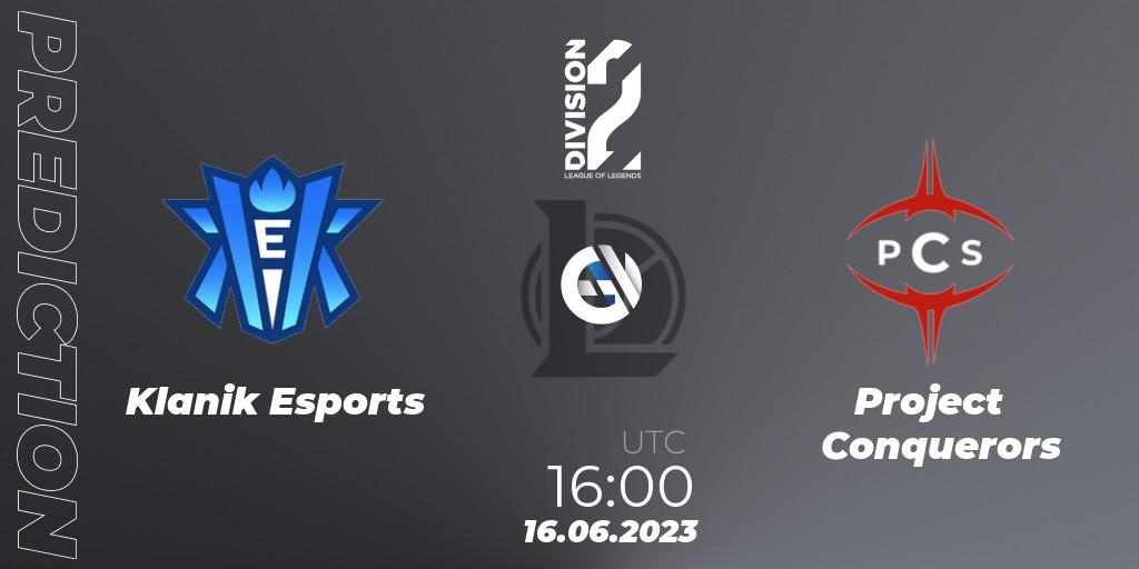 Klanik Esports contre Project Conquerors : prédiction de match. 16.06.2023 at 16:00. LoL, LFL Division 2 Summer 2023 - Group Stage