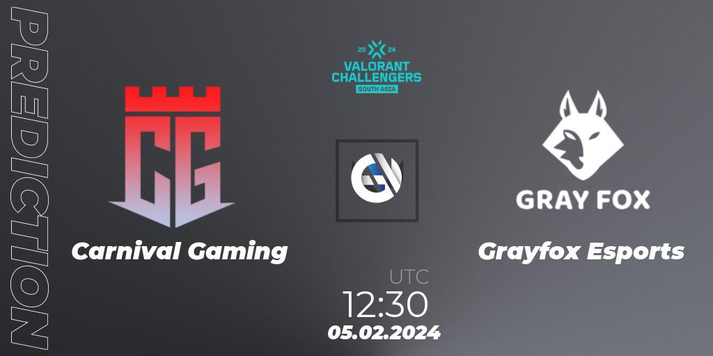 Carnival Gaming contre Grayfox Esports : prédiction de match. 05.02.2024 at 12:30. VALORANT, VALORANT Challengers 2024: South Asia Split 1 - Cup 1