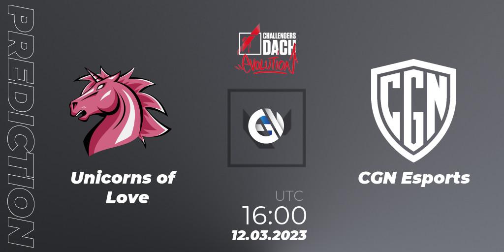 Unicorns of Love contre CGN Esports : prédiction de match. 12.03.2023 at 16:00. VALORANT, VALORANT Challengers 2023 DACH: Evolution Split 1