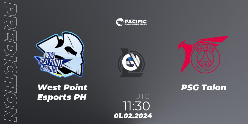 West Point Esports PH contre PSG Talon : prédiction de match. 01.02.2024 at 11:30. LoL, PCS Spring 2024