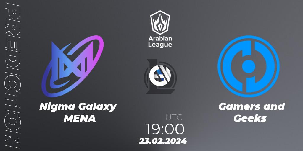 Nigma Galaxy MENA contre Gamers and Geeks : prédiction de match. 23.02.2024 at 19:00. LoL, Arabian League Spring 2024