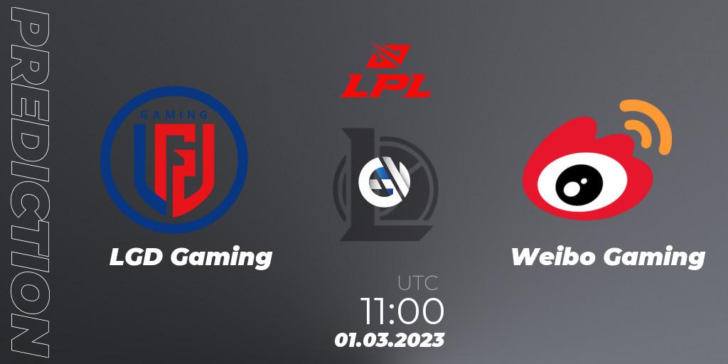 LGD Gaming contre Weibo Gaming : prédiction de match. 01.03.2023 at 12:00. LoL, LPL Spring 2023 - Group Stage