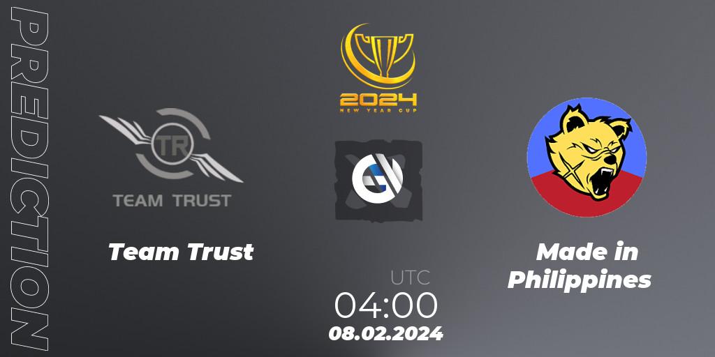 Team Trust contre Made in Philippines : prédiction de match. 08.02.2024 at 05:00. Dota 2, New Year Cup 2024