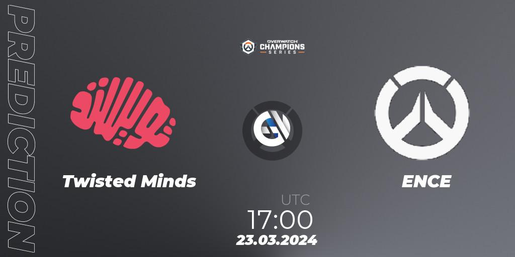 Twisted Minds contre ENCE eSports : prédiction de match. 23.03.2024 at 17:00. Overwatch, Overwatch Champions Series 2024 - EMEA Stage 1 Main Event