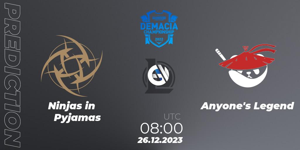 Ninjas in Pyjamas contre Anyone's Legend : prédiction de match. 26.12.2023 at 08:00. LoL, Demacia Cup 2023 Group Stage