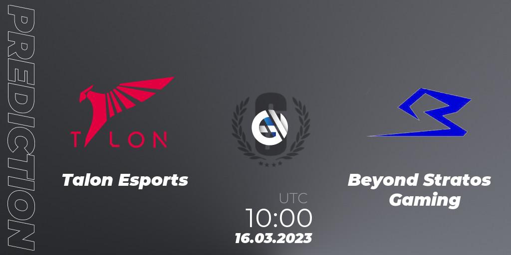 Talon Esports contre Beyond Stratos Gaming : prédiction de match. 16.03.2023 at 10:00. Rainbow Six, South Korea League 2023 - Stage 1