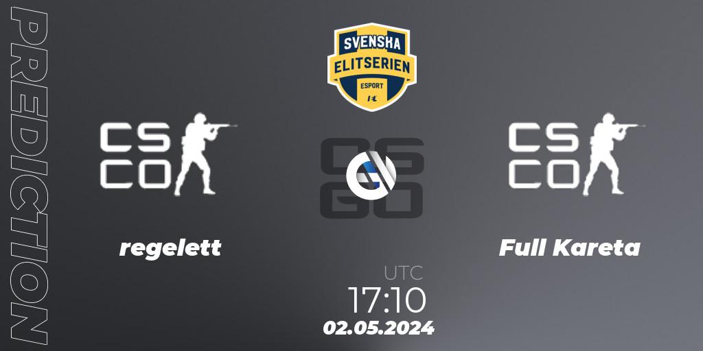 regelett contre Full Kareta : prédiction de match. 02.05.2024 at 17:10. Counter-Strike (CS2), Svenska Elitserien Spring 2024
