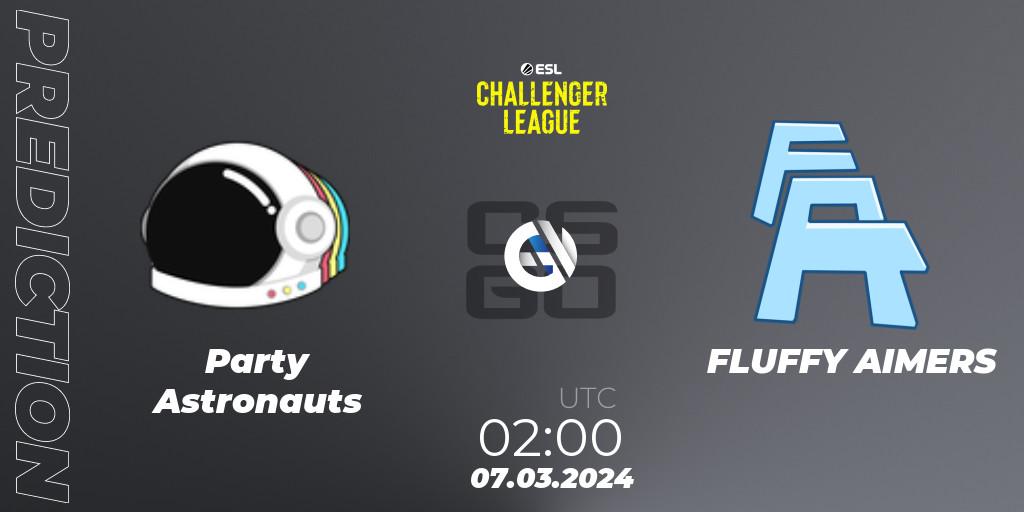 Party Astronauts contre FLUFFY AIMERS : prédiction de match. 07.03.2024 at 02:00. Counter-Strike (CS2), ESL Challenger League Season 47: North America