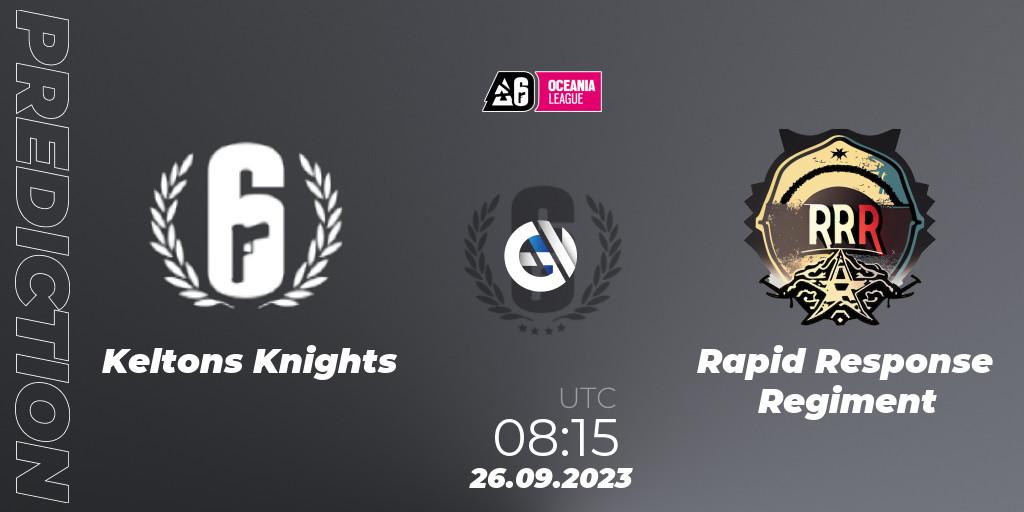Keltons Knights contre Rapid Response Regiment : prédiction de match. 26.09.2023 at 09:25. Rainbow Six, Oceania League 2023 - Stage 2