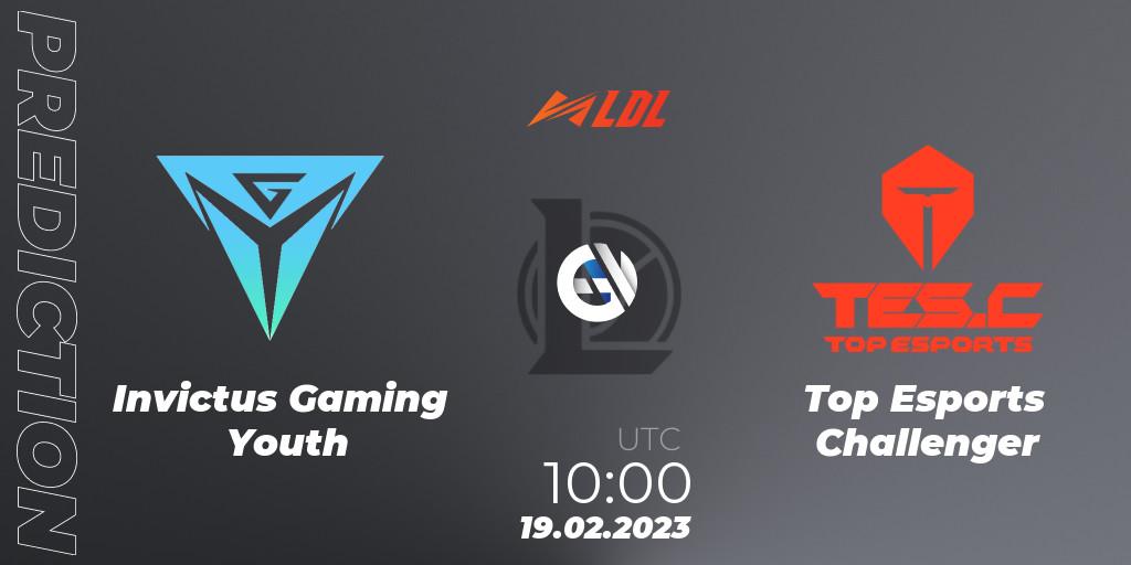 Invictus Gaming Youth contre Top Esports Challenger : prédiction de match. 19.02.2023 at 10:15. LoL, LDL 2023 - Regular Season