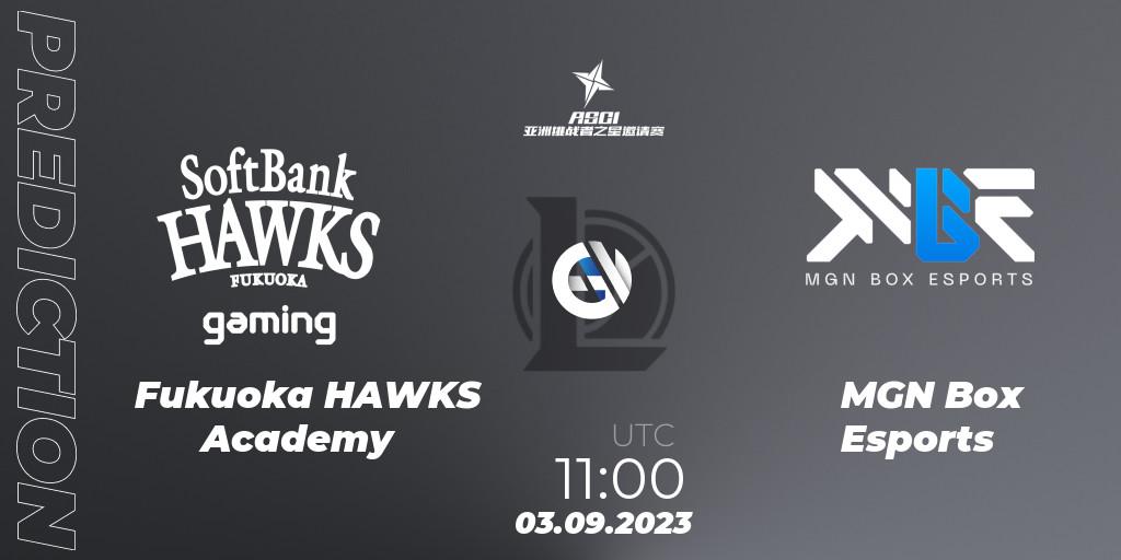 Fukuoka HAWKS Academy contre MGN Box Esports : prédiction de match. 03.09.2023 at 11:00. LoL, Asia Star Challengers Invitational 2023