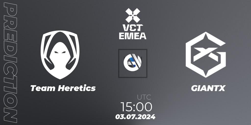 Team Heretics contre GIANTX : prédiction de match. 03.07.2024 at 16:00. VALORANT, VALORANT Champions Tour 2024: EMEA League - Stage 2 - Group Stage