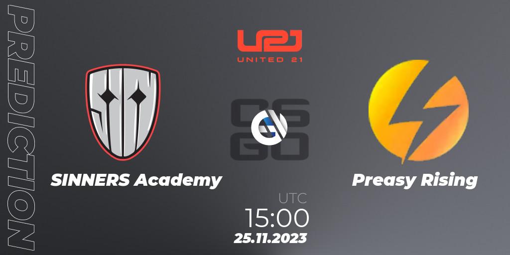 SINNERS Academy contre Preasy Rising : prédiction de match. 27.11.2023 at 15:00. Counter-Strike (CS2), United21 Season 8: Division 2