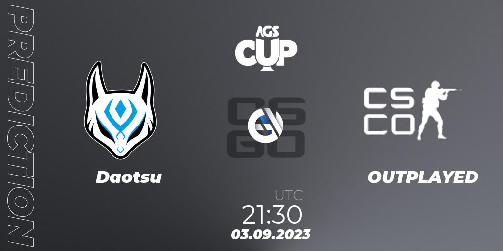 Daotsu contre OUTPLAYED : prédiction de match. 03.09.2023 at 22:55. Counter-Strike (CS2), AGS CUP 2023: Open Qualififer #3