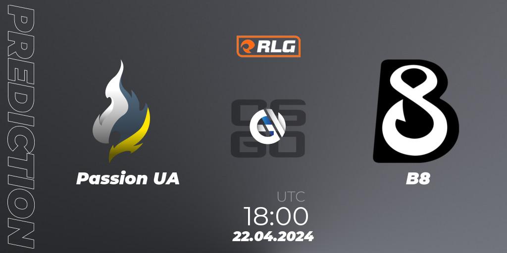 Passion UA contre B8 : prédiction de match. 22.04.2024 at 18:00. Counter-Strike (CS2), RES European Series #2
