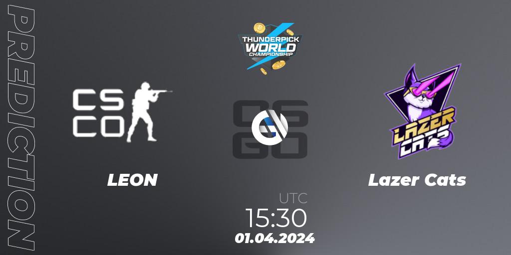 LEON contre Lazer Cats : prédiction de match. 01.04.2024 at 15:30. Counter-Strike (CS2), Thunderpick World Championship 2024 Finals
