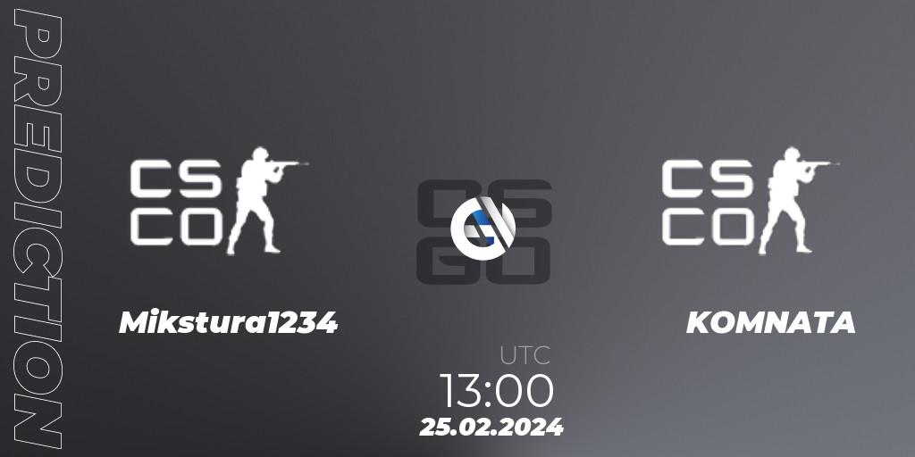 Mikstura1234 contre KOMNATA : prédiction de match. 25.02.2024 at 13:00. Counter-Strike (CS2), RTV Euro AGD Gamezone