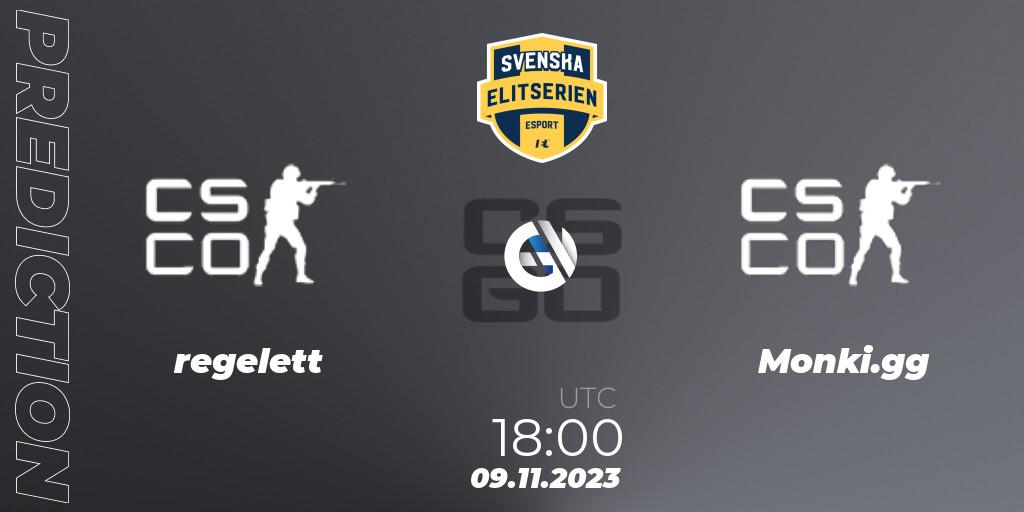 regelett contre Monki.gg : prédiction de match. 09.11.2023 at 18:00. Counter-Strike (CS2), Svenska Elitserien Fall 2023: Online Stage