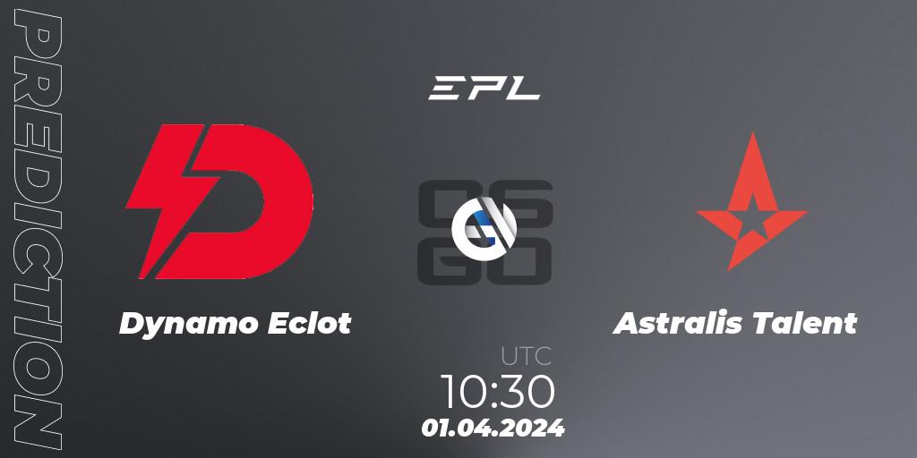 Dynamo Eclot contre Astralis Talent : prédiction de match. 01.04.2024 at 11:00. Counter-Strike (CS2), European Pro League Season 16: Division 2