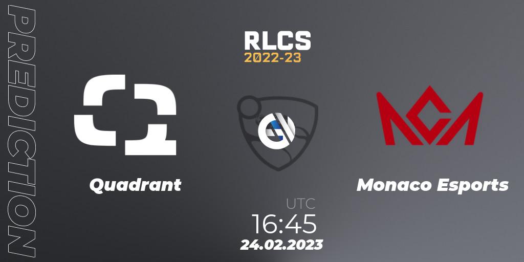 Quadrant contre Monaco Esports : prédiction de match. 24.02.2023 at 16:45. Rocket League, RLCS 2022-23 - Winter: Europe Regional 3 - Winter Invitational