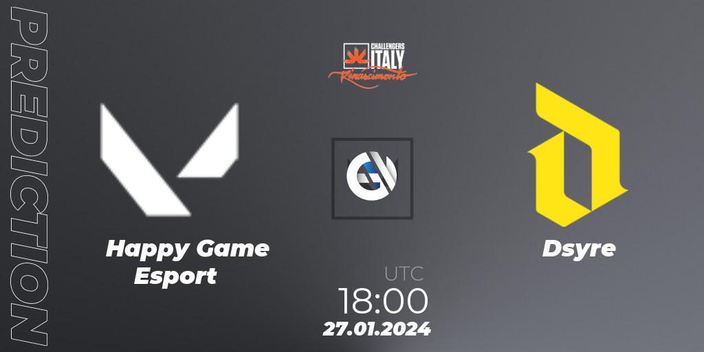 Happy Game Esport contre Dsyre : prédiction de match. 27.01.2024 at 18:00. VALORANT, VALORANT Challengers 2024 Italy: Rinascimento Split 1