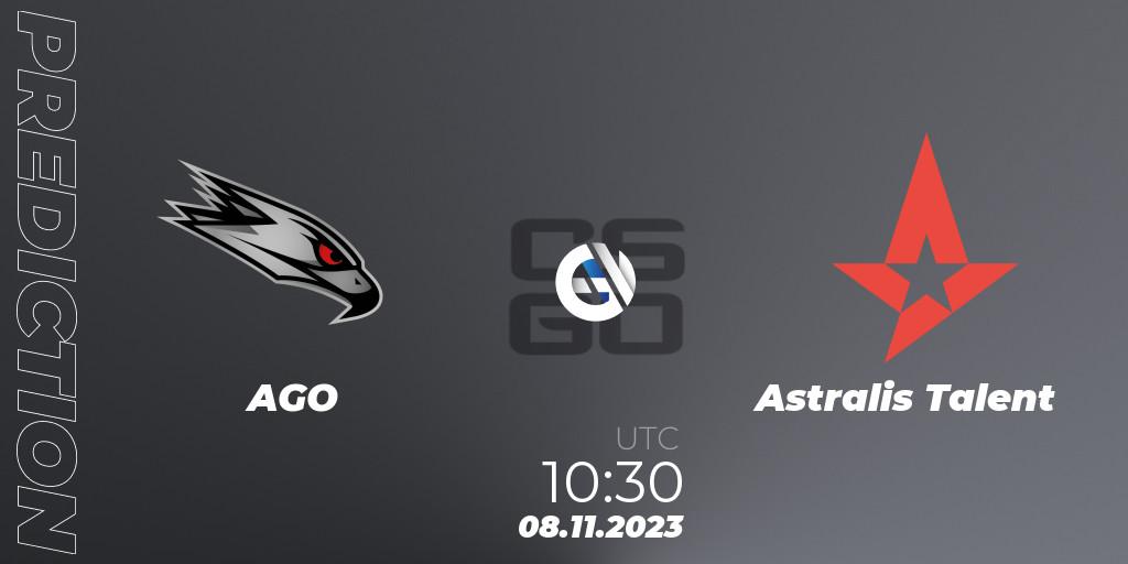 AGO contre Astralis Talent : prédiction de match. 08.11.2023 at 12:00. Counter-Strike (CS2), European Pro League Season 12: Division 2