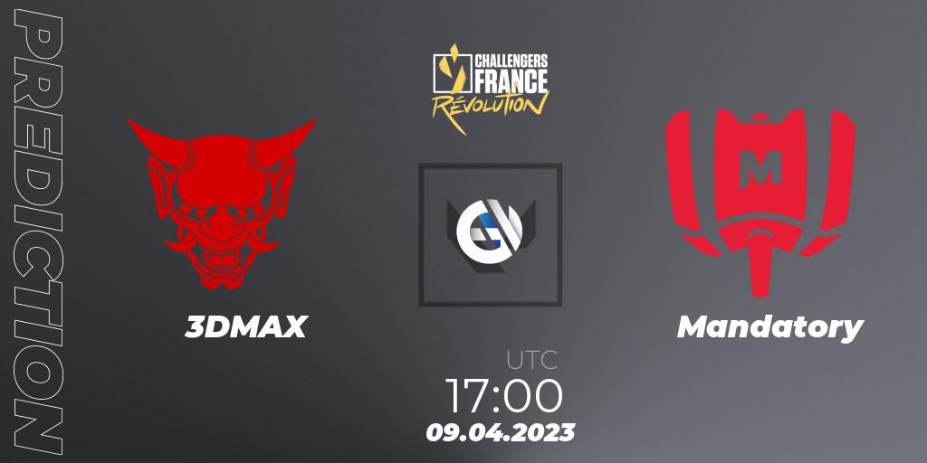 3DMAX contre Mandatory : prédiction de match. 09.04.2023 at 17:00. VALORANT, VALORANT Challengers France: Revolution Split 2 - Regular Season