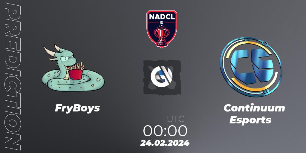 FryBoys contre Continuum Esports : prédiction de match. 24.02.2024 at 00:00. Dota 2, North American Dota Challengers League Season 6 Division 1