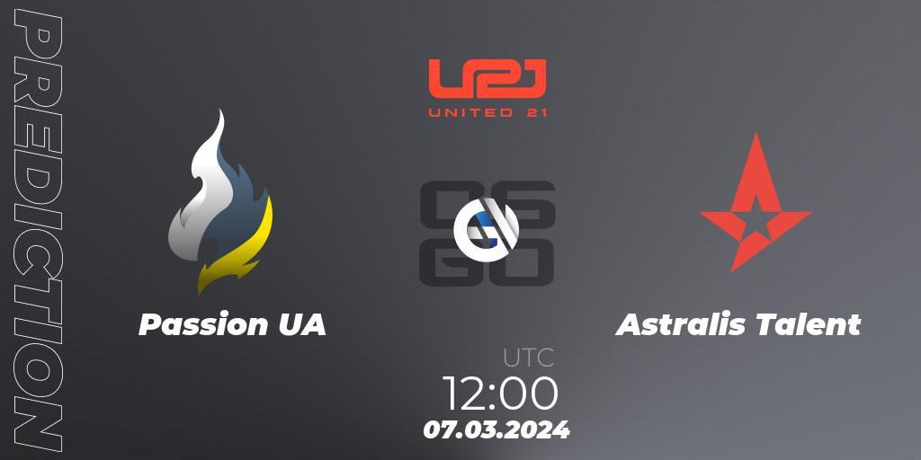 Passion UA contre Astralis Talent : prédiction de match. 07.03.2024 at 12:00. Counter-Strike (CS2), United21 Season 12