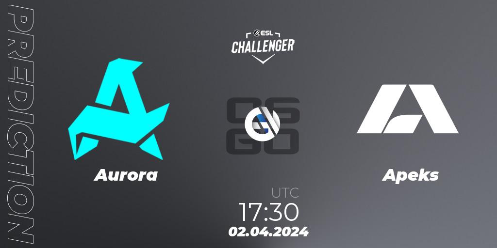Aurora contre Apeks : prédiction de match. 02.04.2024 at 17:30. Counter-Strike (CS2), ESL Challenger #57: European Closed Qualifier