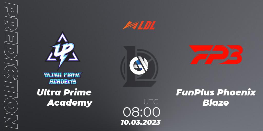 Ultra Prime Academy contre FunPlus Phoenix Blaze : prédiction de match. 10.03.2023 at 09:00. LoL, LDL 2023 - Regular Season