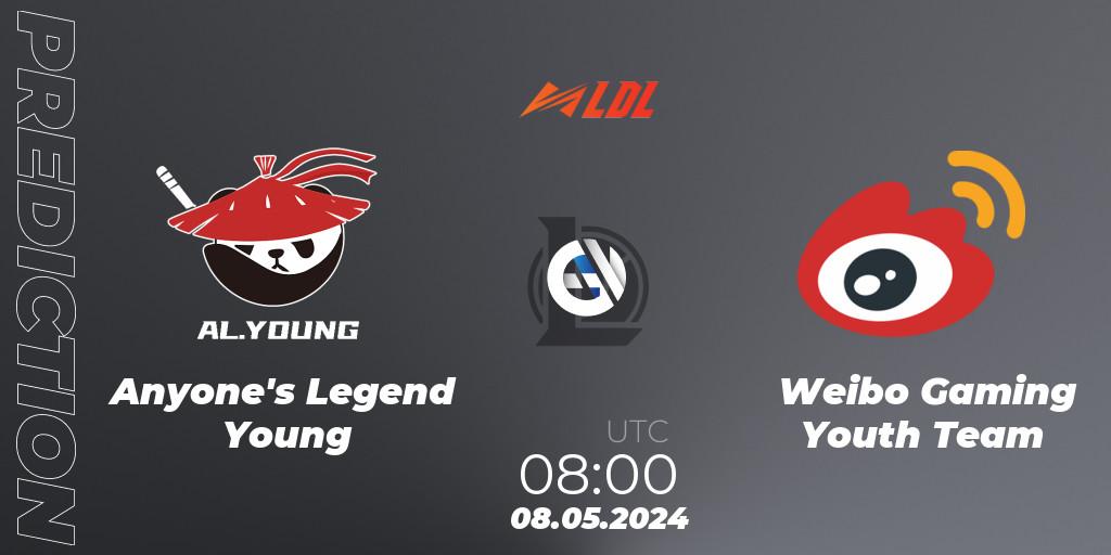Anyone's Legend Young contre Weibo Gaming Youth Team : prédiction de match. 08.05.2024 at 08:00. LoL, LDL 2024 - Stage 2