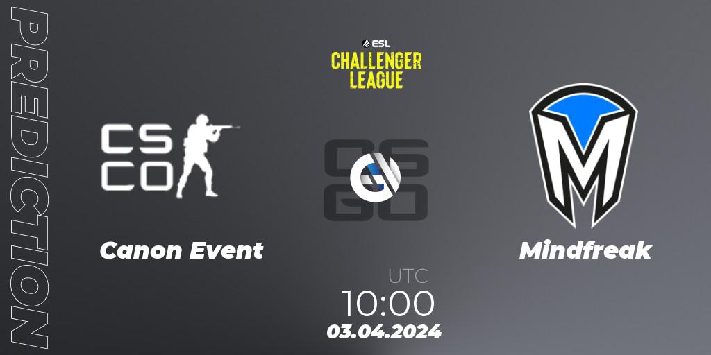 Canon Event contre Mindfreak : prédiction de match. 03.04.2024 at 10:00. Counter-Strike (CS2), ESL Challenger League Season 47: Oceania