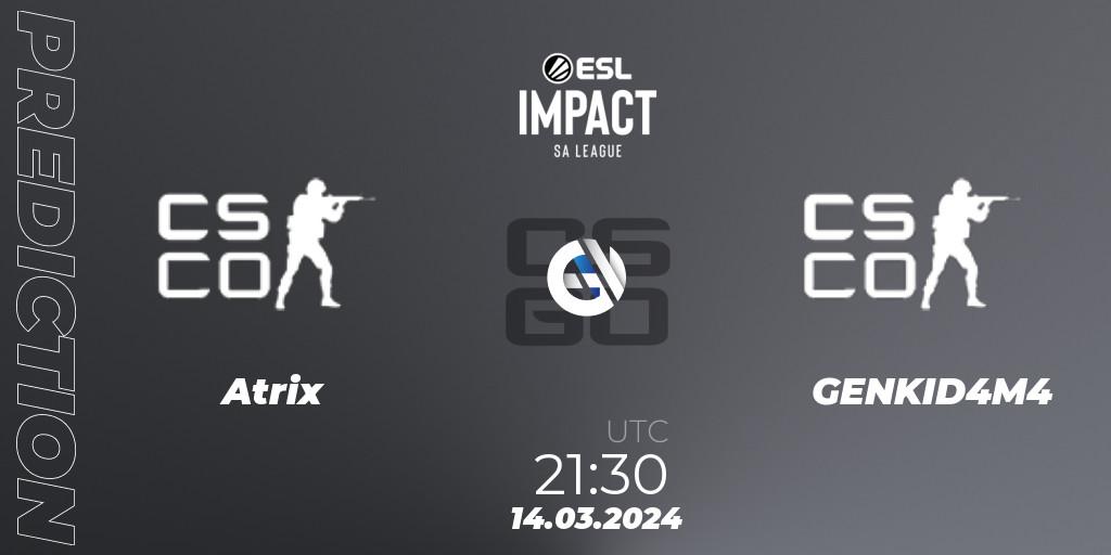Atrix contre GENKID4M4 : prédiction de match. 14.03.2024 at 21:30. Counter-Strike (CS2), ESL Impact League Season 5: South America