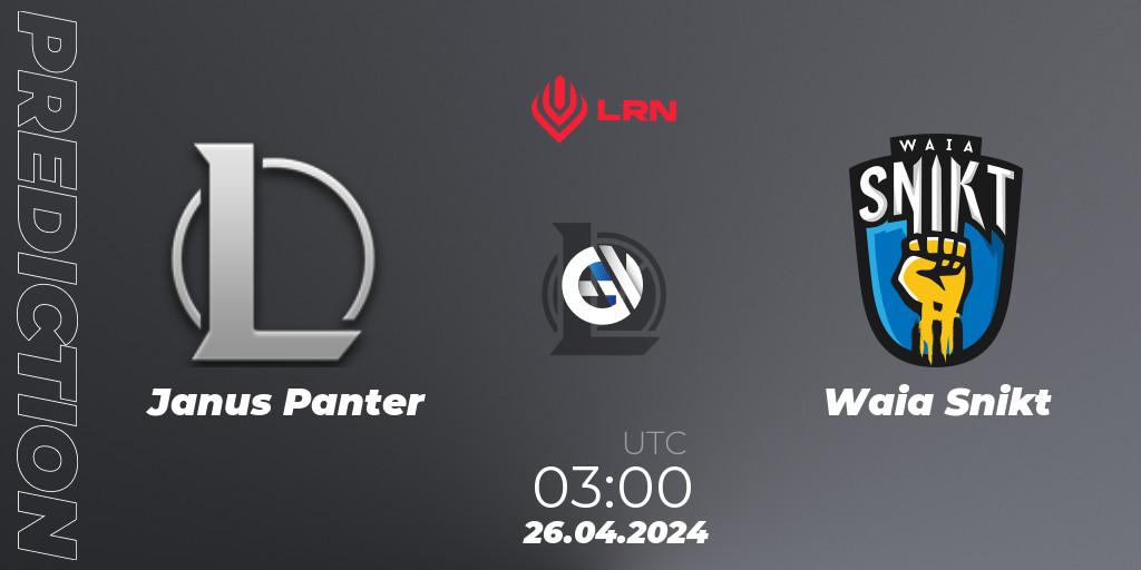 Janus Panter contre Waia Snikt : prédiction de match. 26.04.2024 at 03:00. LoL, Liga Regional Norte 2024